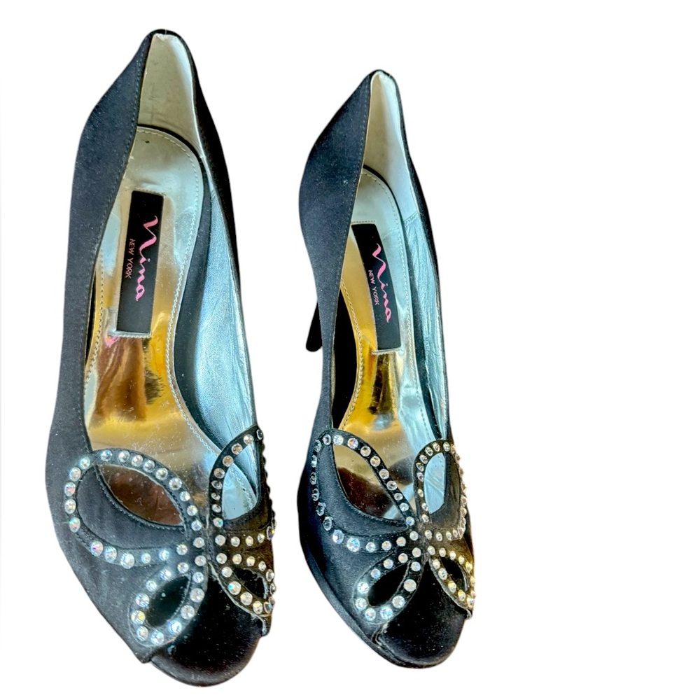 Nina Black Satin Platform Pumps, Size 6.5M